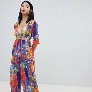 ASOS Swim Women’s Colorful Petite Chiffon Plunge Smocked Beach Jumpsuit Size 4